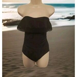 Kona Sol One Piece Resort Women's S Swimsuit Ruched‎ Strapless Ruffled top Black